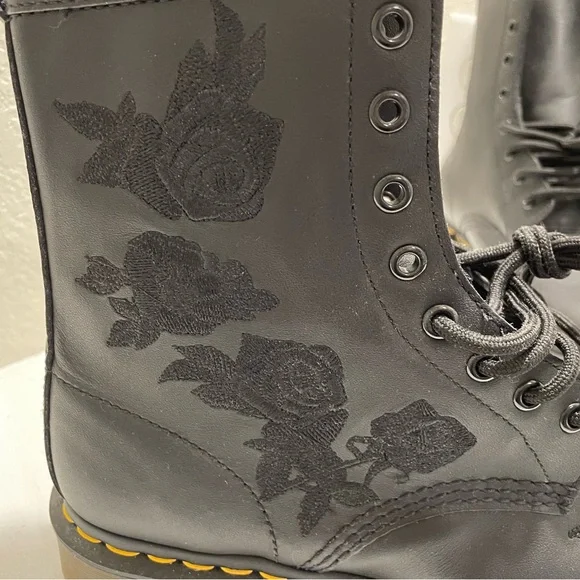 Dr. Martens Black 8-Eye Lace-Up Boots with Subtle Floral Embroidery - Picture 3 of 8